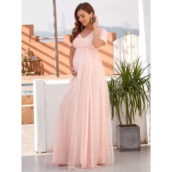 EverPretty Womens Deep V Neck Short Sleeve Sequin Aline Tulle FloorLength Maternity Dress 40049EYPink