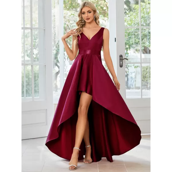 EverPretty Womens Deep V Neck Sleeveless Empire Waist High Low ALine Satin Maxi Prom Dresses 01760Burgundy