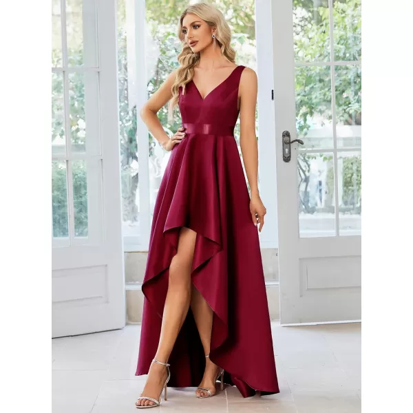 EverPretty Womens Deep V Neck Sleeveless Empire Waist High Low ALine Satin Maxi Prom Dresses 01760Burgundy