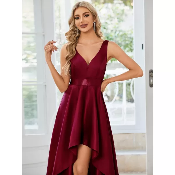 EverPretty Womens Deep V Neck Sleeveless Empire Waist High Low ALine Satin Maxi Prom Dresses 01760Burgundy