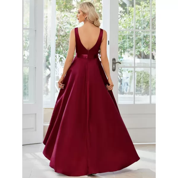 EverPretty Womens Deep V Neck Sleeveless Empire Waist High Low ALine Satin Maxi Prom Dresses 01760Burgundy