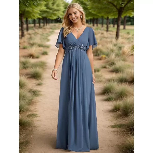 EverPretty Womens Deep VNeck Aline Short Sleeves Flowy Chiffon Long Evening Gowns Dusty Navy US16EverPretty Womens Deep VNeck Aline Short Sleeves Flowy Chiffon Long Evening Gowns Dusty Navy US16