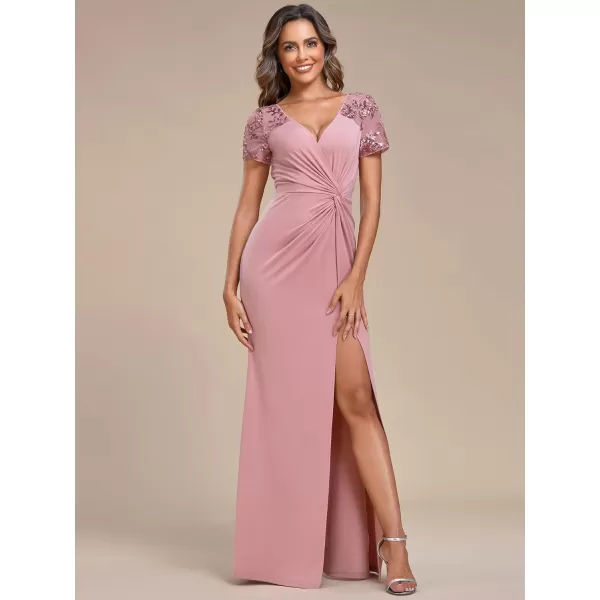 EverPretty Womens Deep VNeck Applique Ruffle Sleeves Side Slit Pleated Long Formal Dresses 01669Dusty Rose