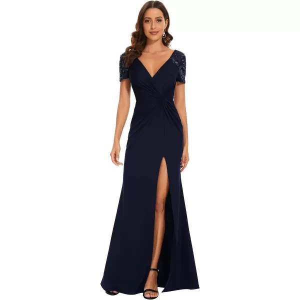 EverPretty Womens Deep VNeck Applique Ruffle Sleeves Side Slit Pleated Long Formal Dresses 01669Navy Blue