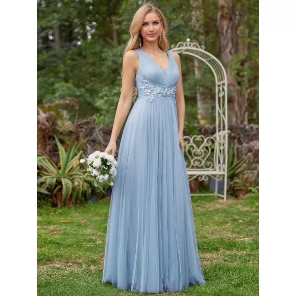 EverPretty Womens Deep VNeck Sleeveless Applique ALine Tulle Bridesmaid Dresses 01946Light Dusty Blue