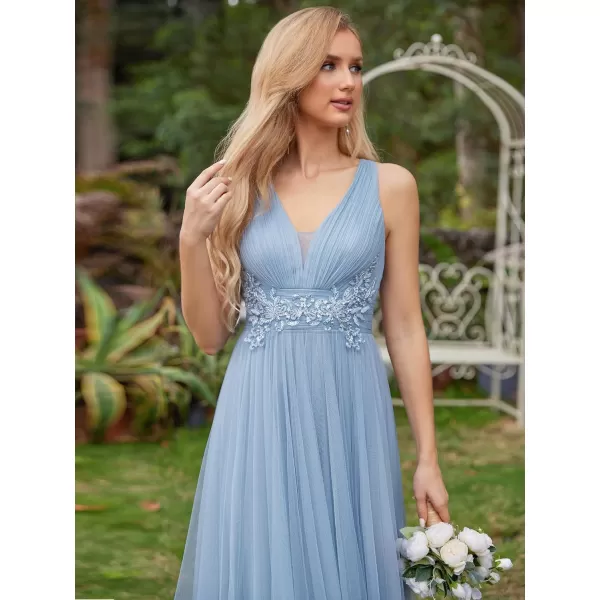 EverPretty Womens Deep VNeck Sleeveless Applique ALine Tulle Bridesmaid Dresses 01946Light Dusty Blue