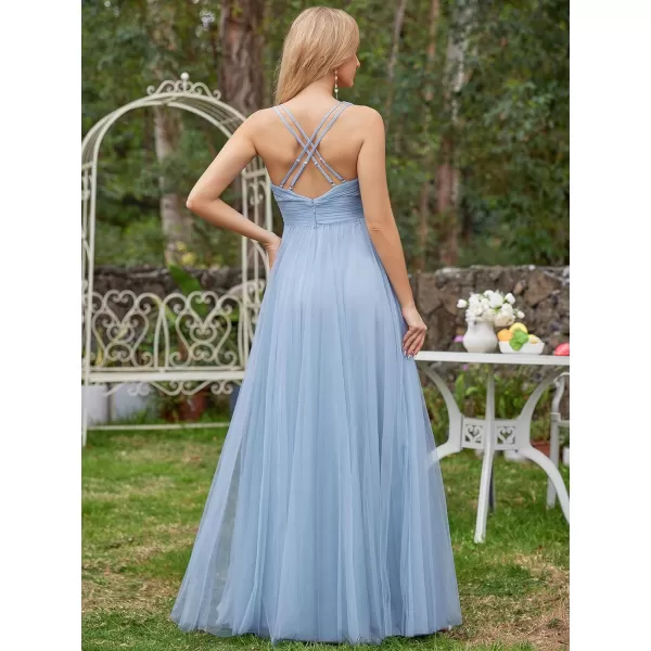 EverPretty Womens Deep VNeck Sleeveless Applique ALine Tulle Bridesmaid Dresses 01946Light Dusty Blue