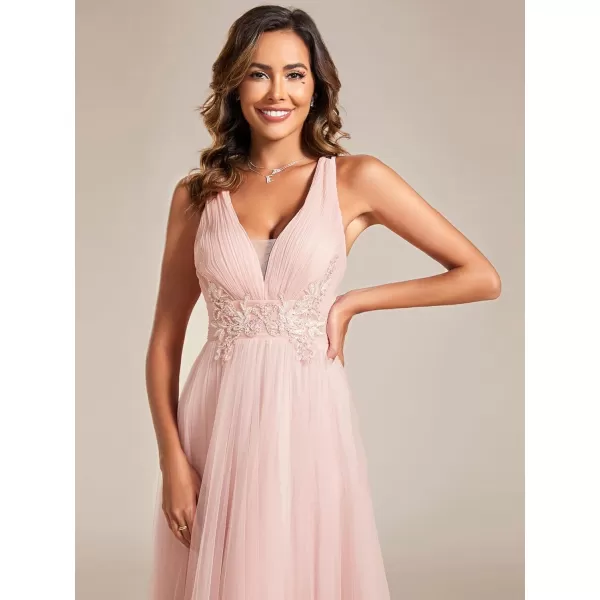 EverPretty Womens Deep VNeck Sleeveless Applique ALine Tulle Bridesmaid Dresses 01946Pink