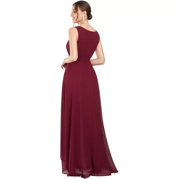 EverPretty Womens Deep VNeck Sleeveless Bow Waist High Low ALine Chiffon Bridesmaid Dress 01363Burgundy