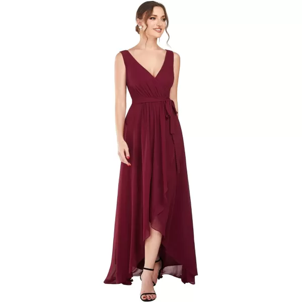 EverPretty Womens Deep VNeck Sleeveless Bow Waist High Low ALine Chiffon Bridesmaid Dress 01363Burgundy