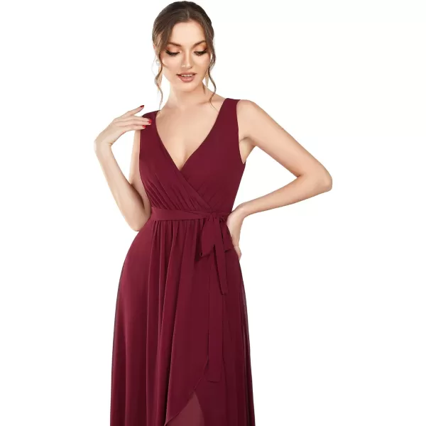 EverPretty Womens Deep VNeck Sleeveless Bow Waist High Low ALine Chiffon Bridesmaid Dress 01363Burgundy