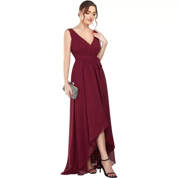 EverPretty Womens Deep VNeck Sleeveless Bow Waist High Low ALine Chiffon Bridesmaid Dress 01363Burgundy