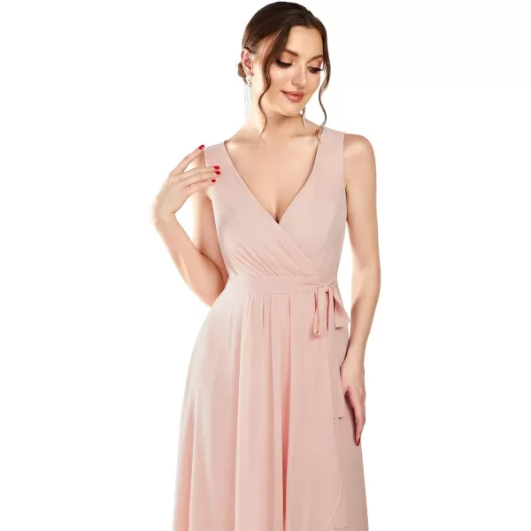 EverPretty Womens Deep VNeck Sleeveless Bow Waist High Low ALine Chiffon Bridesmaid Dress 01363Pink