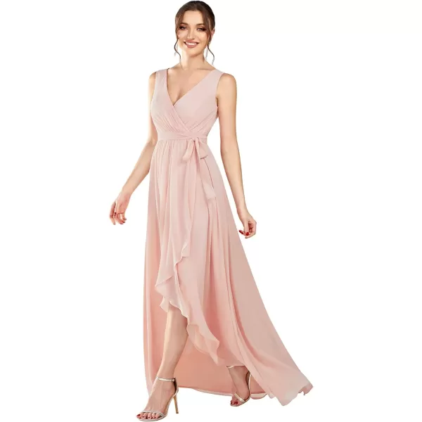 EverPretty Womens Deep VNeck Sleeveless Bow Waist High Low ALine Chiffon Bridesmaid Dress 01363Pink