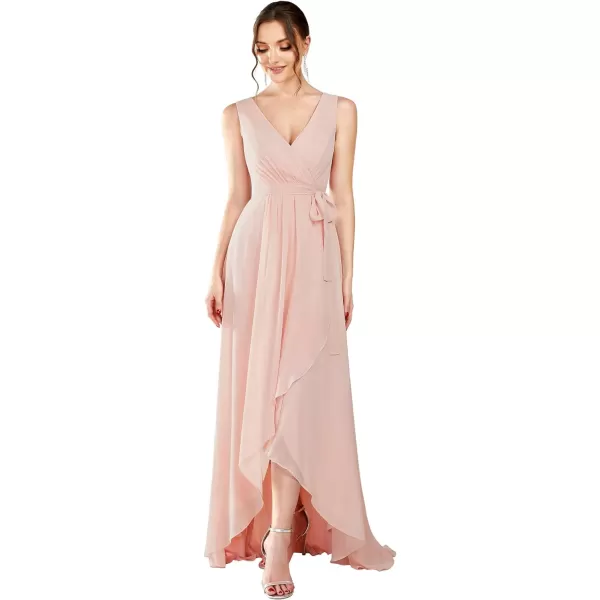 EverPretty Womens Deep VNeck Sleeveless Bow Waist High Low ALine Chiffon Bridesmaid Dress 01363Pink