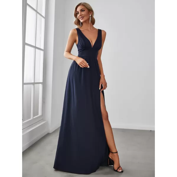 EverPretty Womens Deep VNeck Sleeveless Side Slit Floor Length Evening Dress 0168BUSANavy Blue