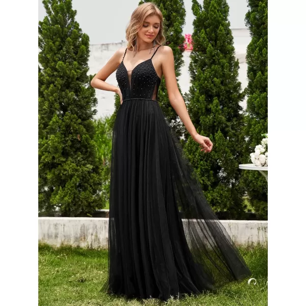 EverPretty Womens Deep VNeck Spaghetti Strap Tulle Floor Length ALine Wedding Dress 02075Black