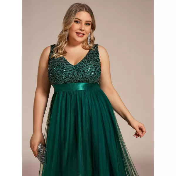 EverPretty Womens Double V Neck A Line High Low Sequin Tulle Plus Size Formal Dresses for Curvy Women 0147ADADark Green