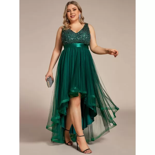 EverPretty Womens Double V Neck A Line High Low Sequin Tulle Plus Size Formal Dresses for Curvy Women 0147ADADark Green