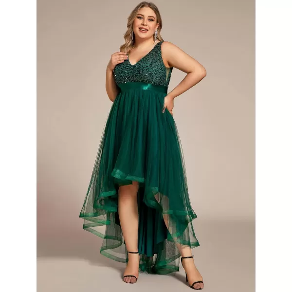 EverPretty Womens Double V Neck A Line High Low Sequin Tulle Plus Size Formal Dresses for Curvy Women 0147ADADark Green