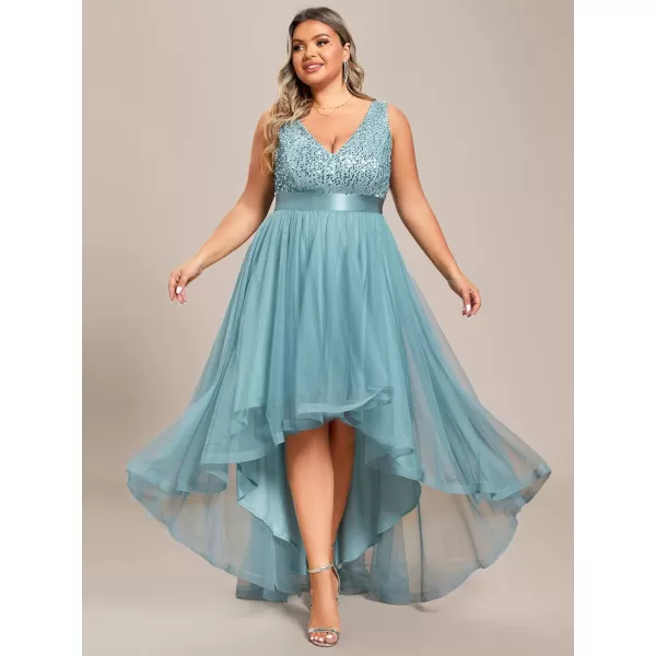 EverPretty Womens Double V Neck A Line High Low Sequin Tulle Plus Size Formal Dresses for Curvy Women 0147ADADusty Blue