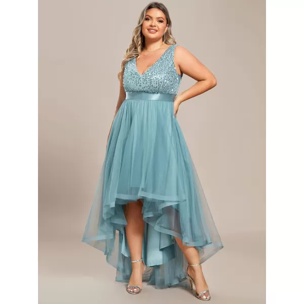 EverPretty Womens Double V Neck A Line High Low Sequin Tulle Plus Size Formal Dresses for Curvy Women 0147ADADusty Blue