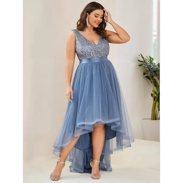 EverPretty Womens Double V Neck A Line High Low Sequin Tulle Plus Size Formal Dresses for Curvy Women 0147ADADusty Navy