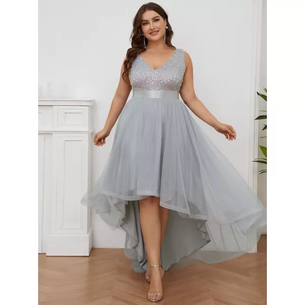 EverPretty Womens Double V Neck A Line High Low Sequin Tulle Plus Size Formal Dresses for Curvy Women 0147ADASilver