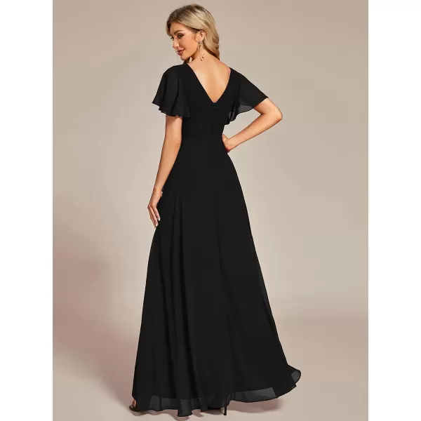 EverPretty Womens Double V Neck A Line Ruffle Hem Backless High Low Chiffon Formal Dresses 01749Black