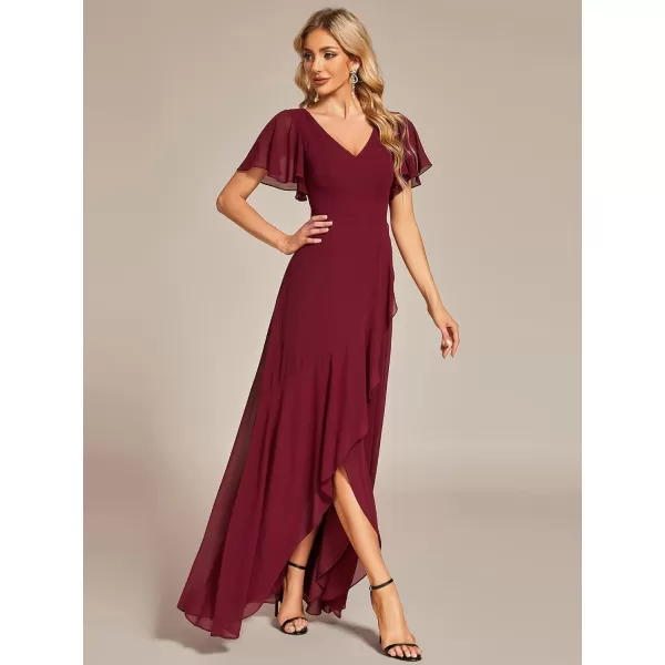 EverPretty Womens Double V Neck A Line Ruffle Hem Backless High Low Chiffon Formal Dresses 01749Burgundy