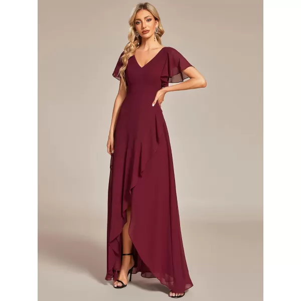 EverPretty Womens Double V Neck A Line Ruffle Hem Backless High Low Chiffon Formal Dresses 01749Burgundy