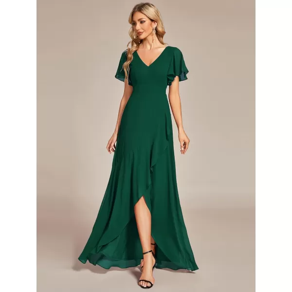 EverPretty Womens Double V Neck A Line Ruffle Hem Backless High Low Chiffon Formal Dresses 01749Dark Green