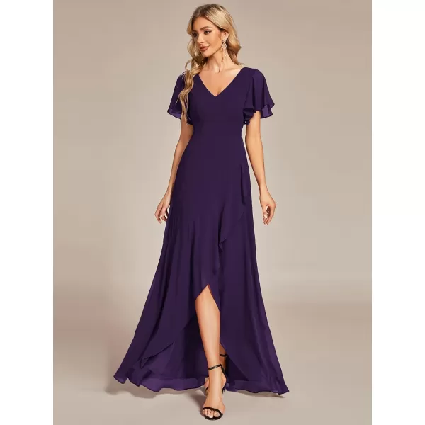 EverPretty Womens Double V Neck A Line Ruffle Hem Backless High Low Chiffon Formal Dresses 01749Deep Purple