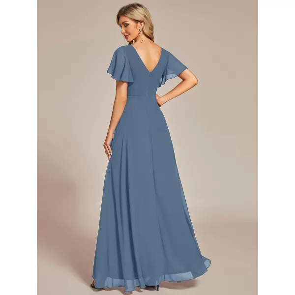 EverPretty Womens Double V Neck A Line Ruffle Hem Backless High Low Chiffon Formal Dresses 01749Dusty Navy