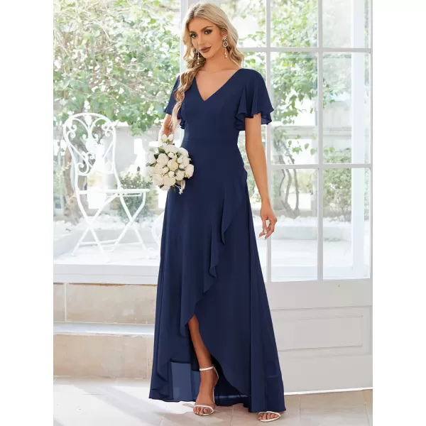 EverPretty Womens Double V Neck A Line Ruffle Hem Backless High Low Chiffon Formal Dresses 01749Navy Blue