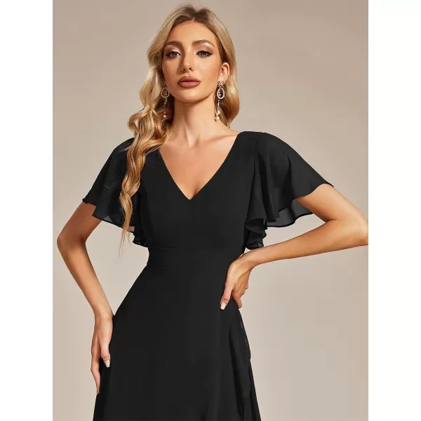 EverPretty Womens Double V Neck A Line Ruffle Hem Backless High Low Chiffon Wedding Guest DressesBlack