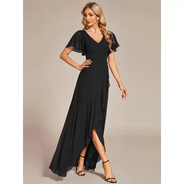 EverPretty Womens Double V Neck A Line Ruffle Hem Backless High Low Chiffon Wedding Guest DressesBlack