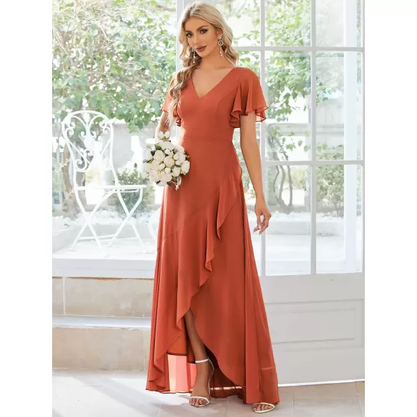 EverPretty Womens Double V Neck A Line Ruffle Hem Backless High Low Chiffon Wedding Guest DressesBurnt Orange