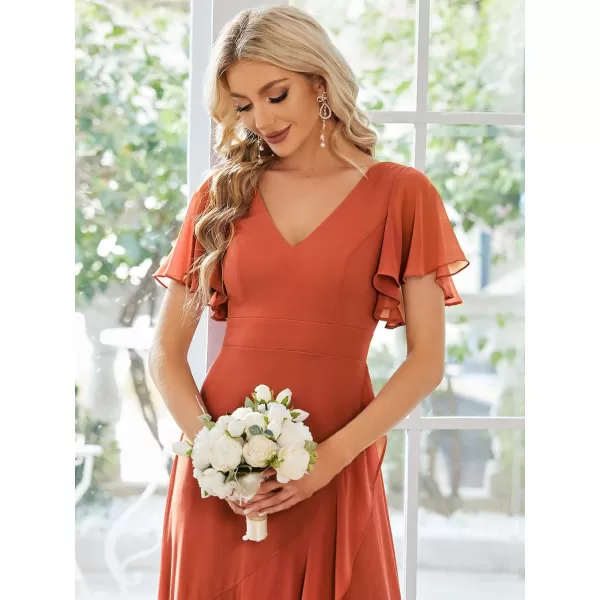 EverPretty Womens Double V Neck A Line Ruffle Hem Backless High Low Chiffon Wedding Guest DressesBurnt Orange