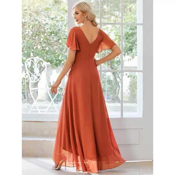 EverPretty Womens Double V Neck A Line Ruffle Hem Backless High Low Chiffon Wedding Guest DressesBurnt Orange
