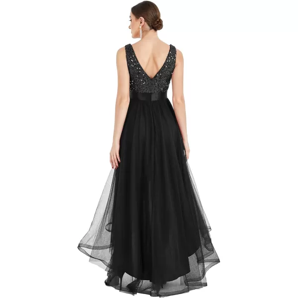 EverPretty Womens Double VNeck ALine Sequin Sleeveless High Low Tulle Evening Party Gowns 0147ABlack