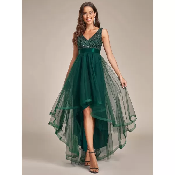 EverPretty Womens Double VNeck ALine Sequin Sleeveless High Low Tulle Evening Party Gowns 0147ADark Green