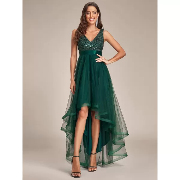 EverPretty Womens Double VNeck ALine Sequin Sleeveless High Low Tulle Evening Party Gowns 0147ADark Green