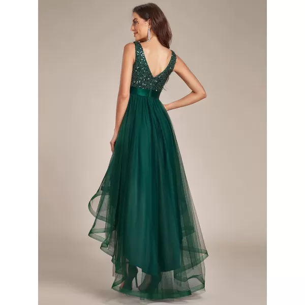 EverPretty Womens Double VNeck ALine Sequin Sleeveless High Low Tulle Evening Party Gowns 0147ADark Green