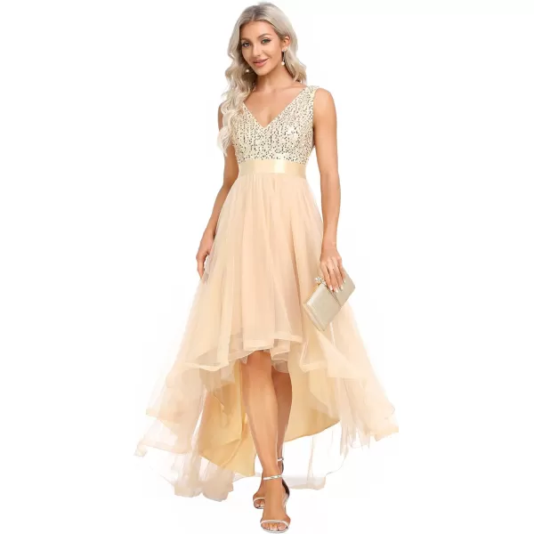 EverPretty Womens Double VNeck ALine Sequin Sleeveless High Low Tulle Evening Party Gowns 0147AGold