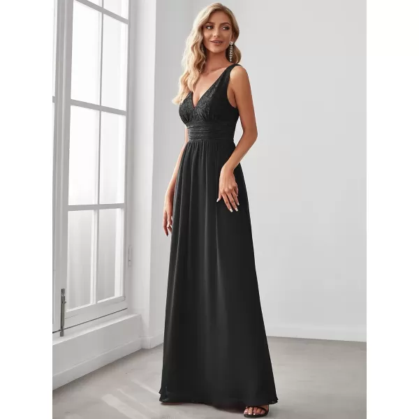 EverPretty Womens Double VNeck Elastic Lace Sleeveless Chiffon ALine Maxi Evening Gowns 0163ABlack