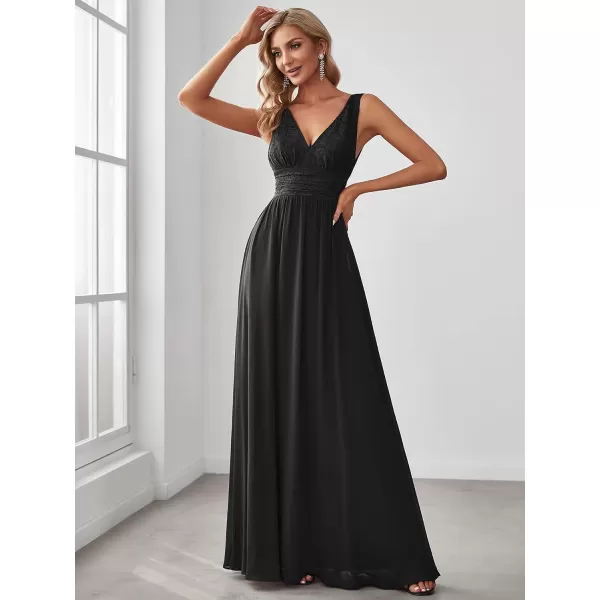 EverPretty Womens Double VNeck Elastic Lace Sleeveless Chiffon ALine Maxi Evening Gowns 0163ABlack