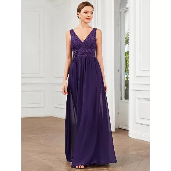 EverPretty Womens Double VNeck Elastic Lace Sleeveless Chiffon ALine Maxi Evening Gowns 0163APurple