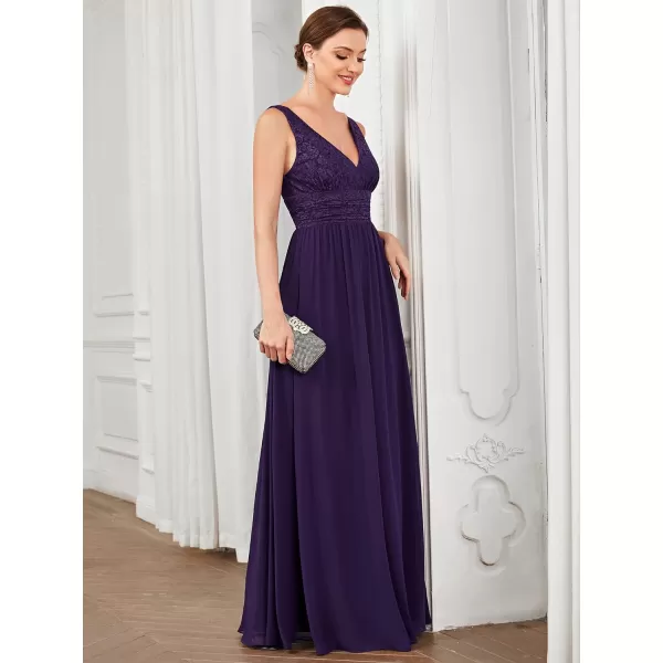 EverPretty Womens Double VNeck Elastic Lace Sleeveless Chiffon ALine Maxi Evening Gowns 0163APurple