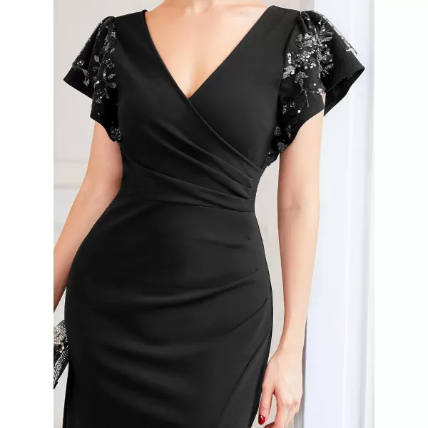 EverPretty Womens Double VNeck Ruffle Sleeves Pleated Bodycon Side Slit Maxi Formal Dresses 0207ABlack